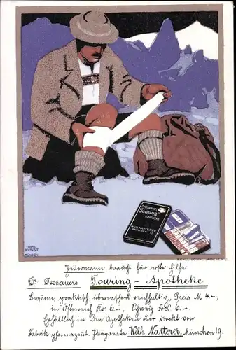 Künstler Ak Kunst, Carl, Dr. Dessauers Touring Apotheke, Bergsteiger verbindet sein Bein, Bandage