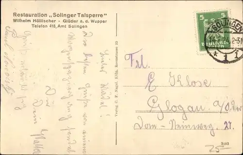 Ak Glüder an der Wupper Solingen, Restauration Solinger Talsperre