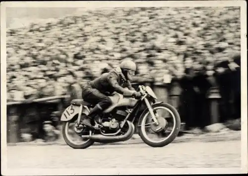 Foto Rennfahrer auf einem Motorrad, Startnummer 113, Zuschauer