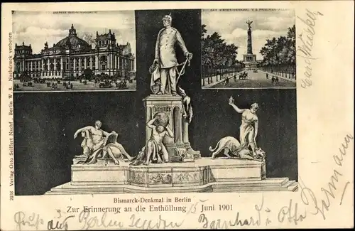 Ak Berlin Tiergarten, Bismarck Denkmal, Reichstagsgebäude, Siegessäule
