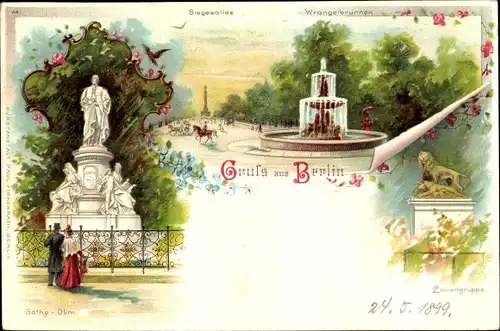 Litho Berlin Tiergarten, Siegesallee, Löwengruppe, Goethe Denkmal