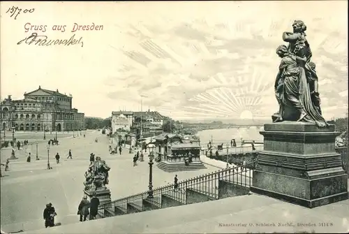 Ak Dresden, Brühlsche Terrasse, Sonnenuntergang, Frauenstatue