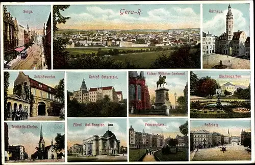 Ak Gera in Thüringen, Panorama, Sorge, Rathaus, Schloss Osterstein, Trinitatiskirche, Prinzenplatz