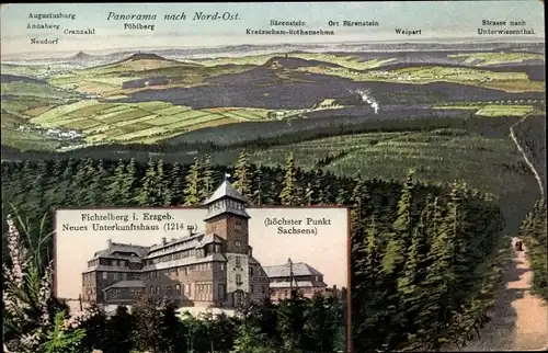 KünstlerAk Oberwiesenthal im Erzgebirge Sachsen, Neues Unterkunftshaus auf dem Fichtelberg, Aussicht