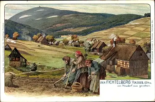 Künstler Ak Oberwiesenthal im Erzgebirge Sachsen, Bäuerinnen auf dem Feld mit Fichtelberg