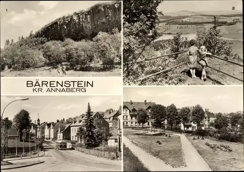 Ak Bärenstein im Erzgebirge, Ortspartie, Basaltsäulen am Bärenstein, Blick zum Pöhlberg