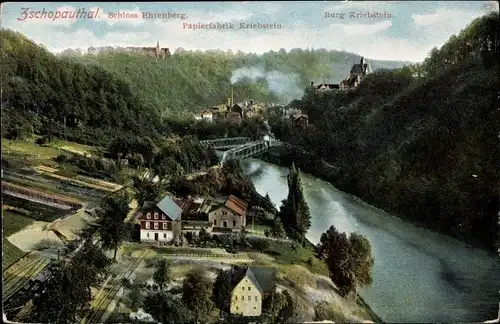 Ak Kriebstein Mittelsachsen, Schloss Ehrenberg, Papierfabrik, Burg Kriebstein, Zschopautal