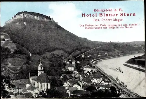 Ak Königstein an der Elbe Sächsische Schweiz, Hotel Blauer Stern, Festung, Schiff, Kirche, Landkarte