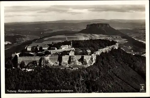 Ak Königstein an der Elbe Sächsische Schweiz, Festung und Lilienstein, Klinke Fliegeraufnahme 11159