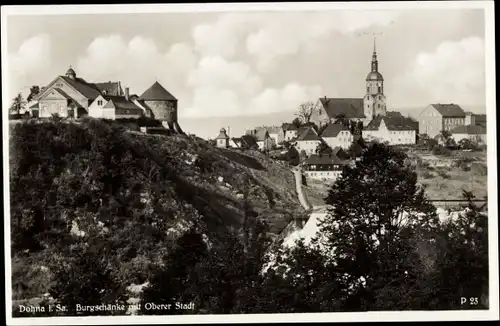 Ak Dohna in Sachsen, Totalansicht der Ortschaft, Kirchturm, Burgschänke mit Oberer Stadt