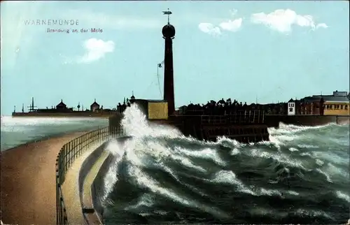 Ak Ostseebad Warnemünde Rostock, Brandung an der Mole, Turm