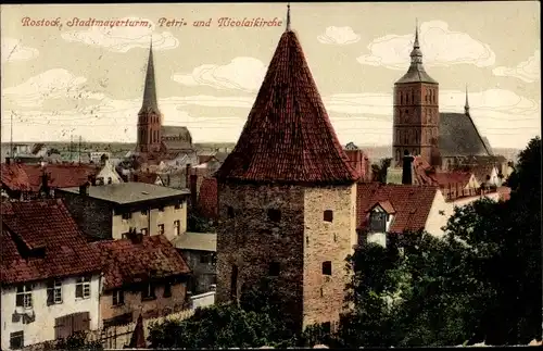 Ak Hansestadt Rostock, Stadtmauerturm, Petrikirche und Nicolaikirche