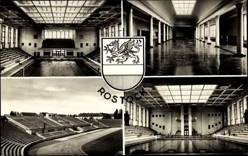 Ak Hansestadt Rostock, Schwimmbad, Stadion, Wappen