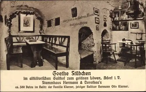 Ak Adorf Vogtland, Goethe Stübchen im Gasthof zum goldnen Löwen, Speiseraum