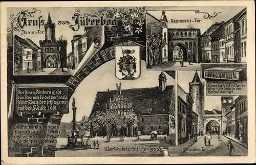 Ak Jüterbog in Brandenburg, Wappen, Dammtor, Neumarkt Tor, Marktplatz mit Rathaus, Zinnaer Tor