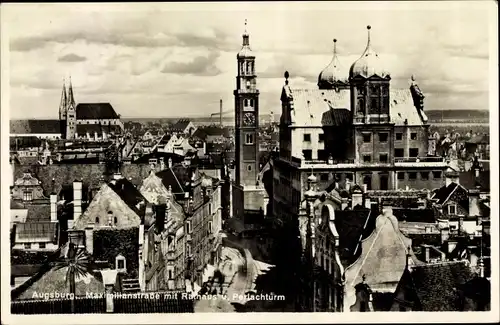 Ak Augsburg in Schwaben, Maximilianstraße mit Rathaus und Perlachturm