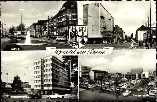 Ak Krefeld am Niederrhein, Wappen, Ostwall, Friedrichstraße, Theaterplatz, Polizei-Präsidium