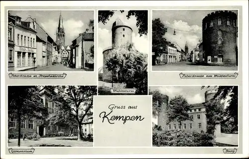 Ak Kempen am Niederrhein, Gymnasium, Burg, Mühlenturm, Peterstraße mit Probsteikirche