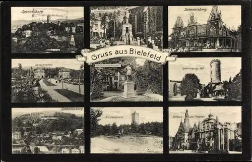 Ak Bielefeld in Nordrhein Westfalen, Johannisberg, Sparrenburg, Drei Kaiserturm, Rathaus, Theater