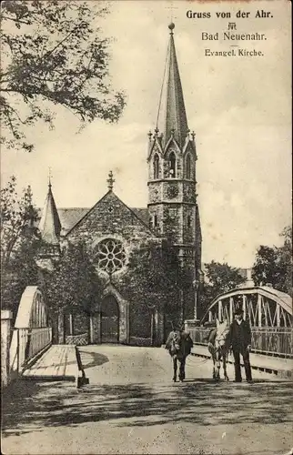 Ak Bad Neuenahr, Evangel. Kirche, Brücke, Esel