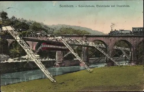 Ak Sonnborn Wuppertal in Nordrhein Westfalen, Schwebebahn, Elektrische und Staatsbahn