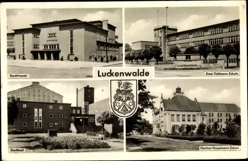Ak Luckenwalde, Wappen, Stadttheater, Gerhart Hauptmann Schule, Ernst Thälmann Schule, Stadtbad
