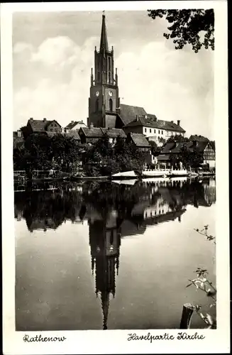 Ak Rathenow im Havelland, Havelpartie an der Kirche