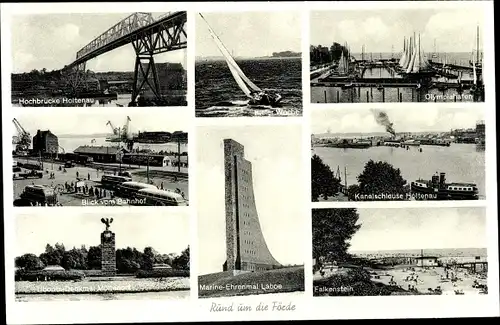 Ak Kiel, Hochbrücke Holtenau, Uboots Denkmal Möltenort, Olympiahafen, Marine Ehrenmal Laboe