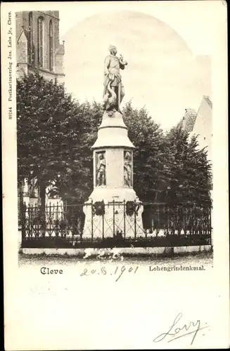 Ak Kleve am Niederrhein, Lohengrin Denkmal vor der Kirche