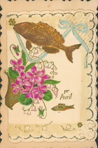 Ak Glückwunsch 1. April, Fisch, Schleife, Korb, Maiglöckchen