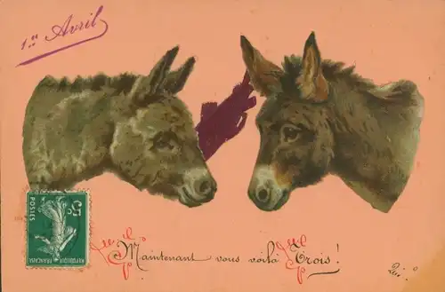 Ak Glückwunsch 1. April, Zwei Esel, Tierportrait