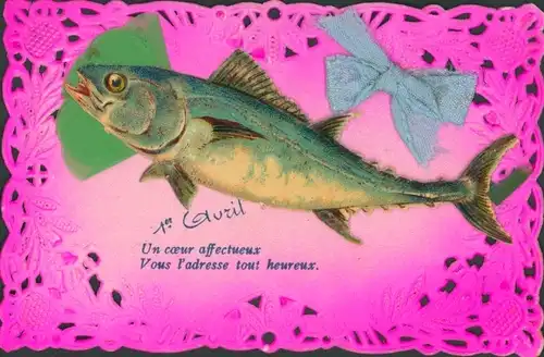 Stoff Ak Glückwunsch 1. April, Fisch, Stoffschleife