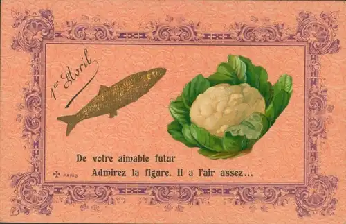 Stoff Ak Glückwunsch 1. April, Fisch, Blumenkohl