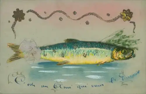 Zelluloid Ak Stoffschleife, Fisch, Glitzer, Kitsch