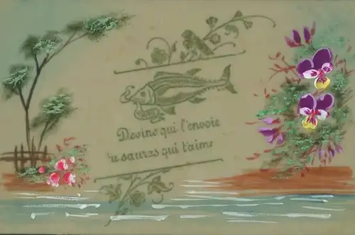 Zelluloid Ak Glückwunsch 1. April, Fisch, Stiefmütterchen