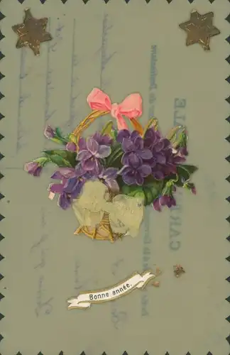 Zelluloid Ak Glückwunsch Neujahr, Veilchen, Korb, Stoffschleife