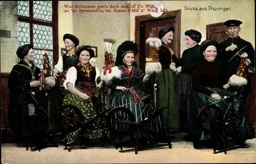 Ak Gruß aus Thüringen, Frauen an Spinnrädern, Traditionelle Trachten