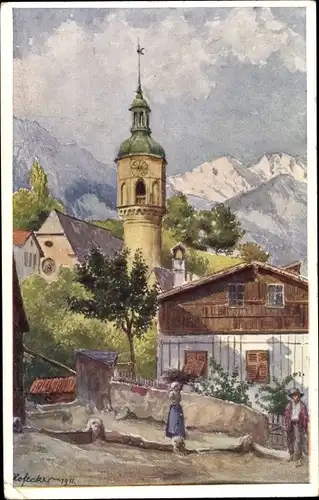 Künstler Ak Hofecker, Innsbruck in Tirol, Dorfpartie mit Höttinger Kirche