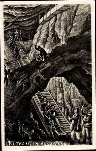 Künstler Ak Rutsche im Bergwerk, Bergleute