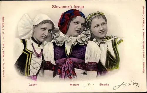 Ak Slovanské kroje, Cechy, Morava, Siezsko, drei Mädchen in Tracht