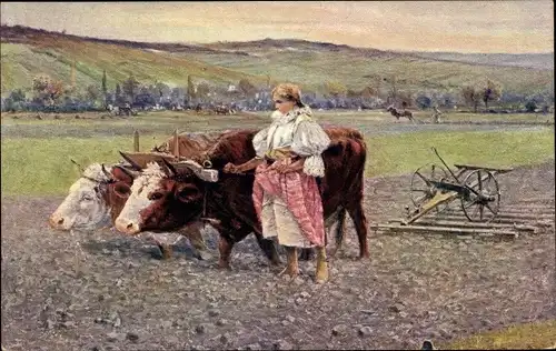 Künstler Ak Uprka, Joza, Na polni praci, Ochsen, Ackerpflug