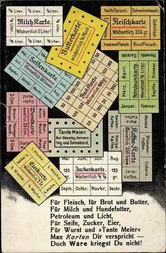 Ak Milchkarte, Butterkarte, Fleischkarte, Seifenkarte, Eierkarte, Wurstkarte, I. WK