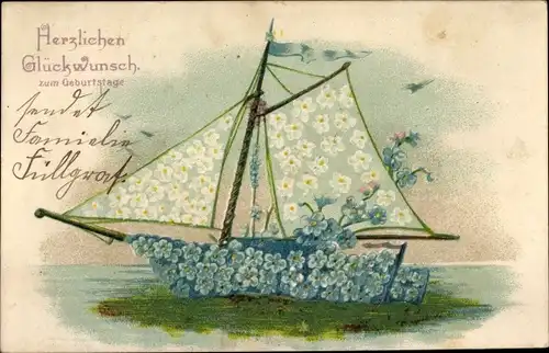 Präge Ak Glückwunsch Geburtstag, Segelschiff, Vergissmeinnicht