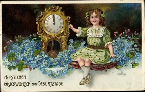 Ak Glückwunsch Geburtstag, Mädchen, Uhr, Vergissmeinnicht