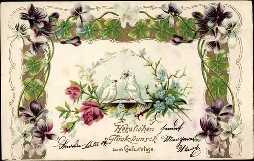 Präge Litho Glückwunsch Geburtstag, Glücksklee, Veilchen, Tauben, Vergissmeinnicht, Rosen