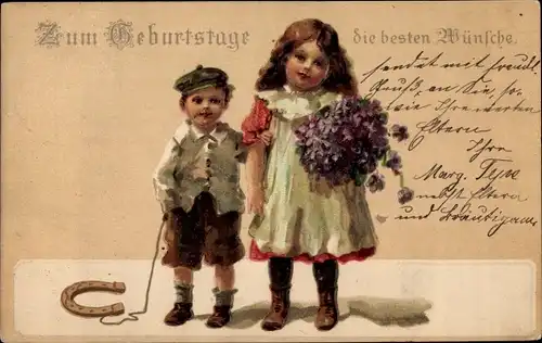 Präge Ak Glückwunsch Geburtstag, Kinder, Blumenstrauß, Hufeisen