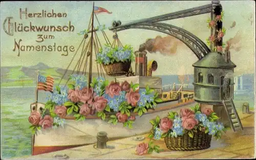 Ak Glückwunsch Namenstag, US Amerikanisches Schiff, Blumen, Kran, Kitsch