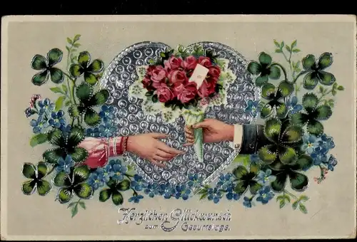 Glitzer Ak Glückwunsch Geburtstag, Geschenk, Hände, Rosen, Vergissemeinnicht, Glücksklee