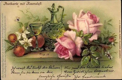 Litho Rosen, Weinglas, Blumen, Früchte, Kitsch