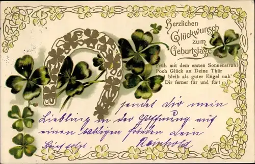 Präge Litho Glückwunsch Geburtstag, Hufeisen, Glücksklee